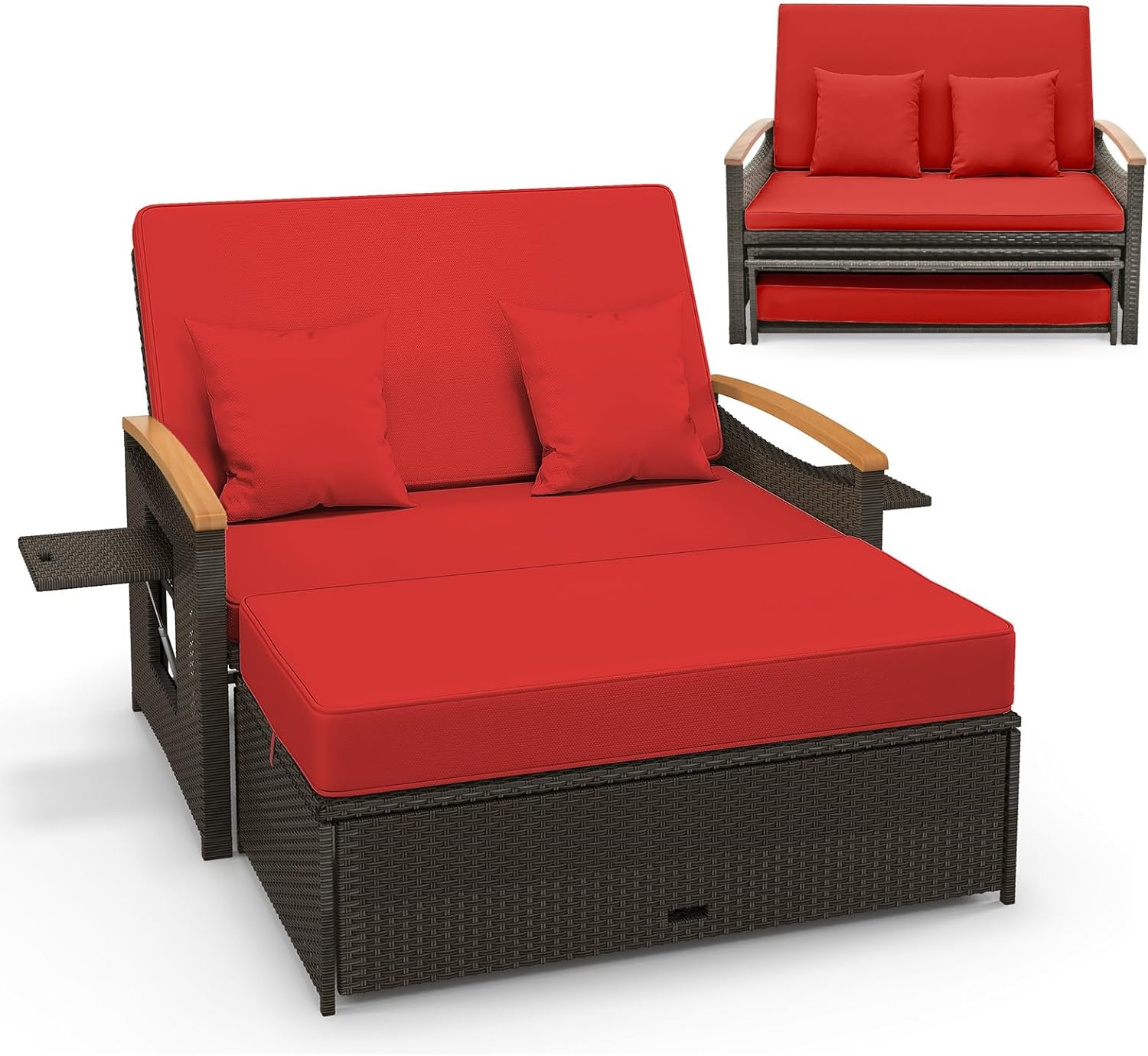 Tangkula Patio Rattan Daybed Set with Cushioned Loveseat and Storage Ottoman