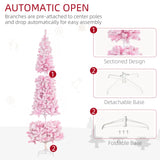 HOMCOM 7.5ft Tall Unlit Snow Flocked Artificial Christmas Tree Slim Pencil Xmas Tree with Pine Shape and Realistic Branches, Pink