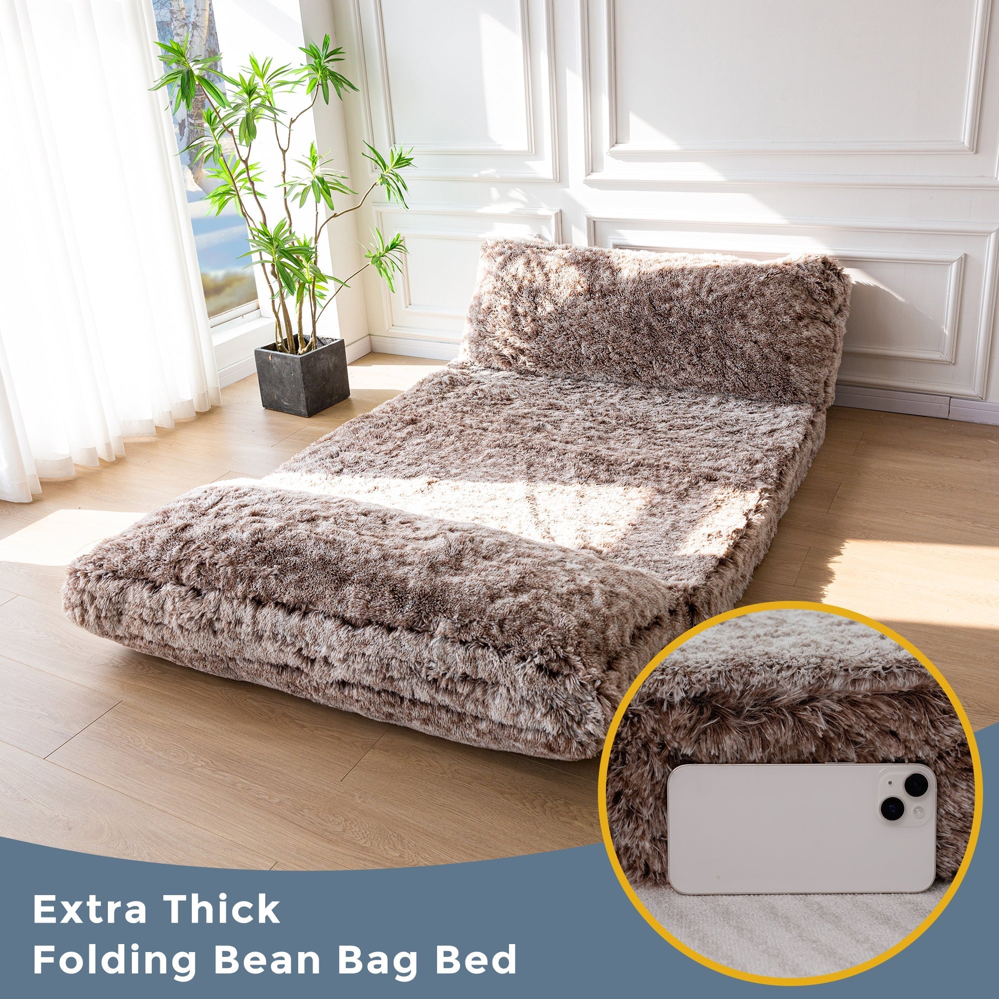 MAXYOYO Bean Bag Folding Floor Sofa Bed, Faux Fur Foam Filling Wall Couch Sleeper Chairs, Coffee