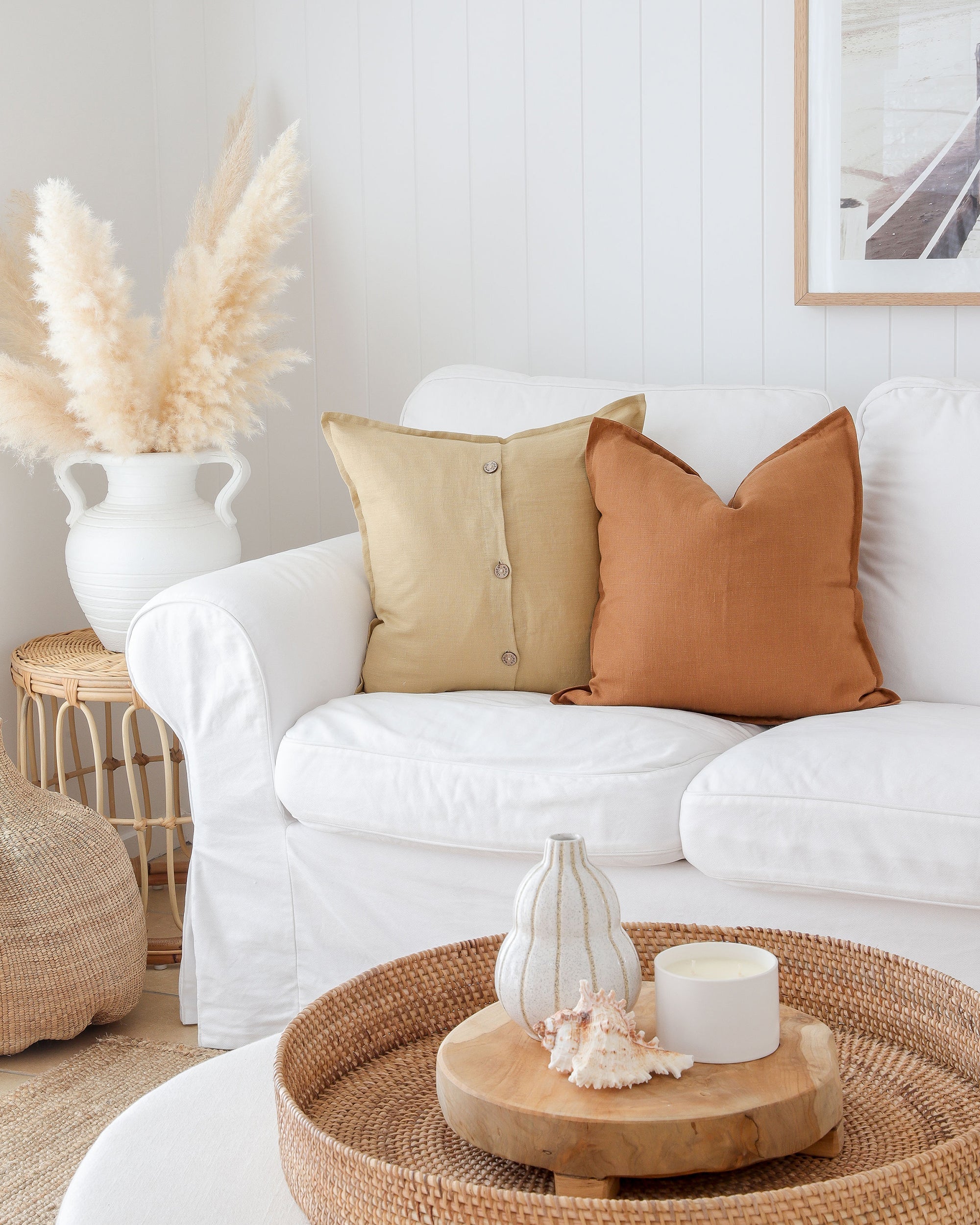 Deco pillow cover with buttons in Sandy beige