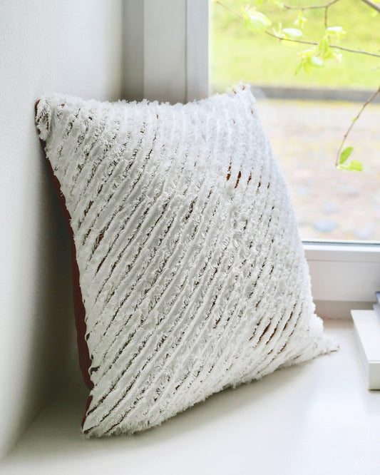 Decorative linen pillow cover with striped fabric in White & Cinnamon