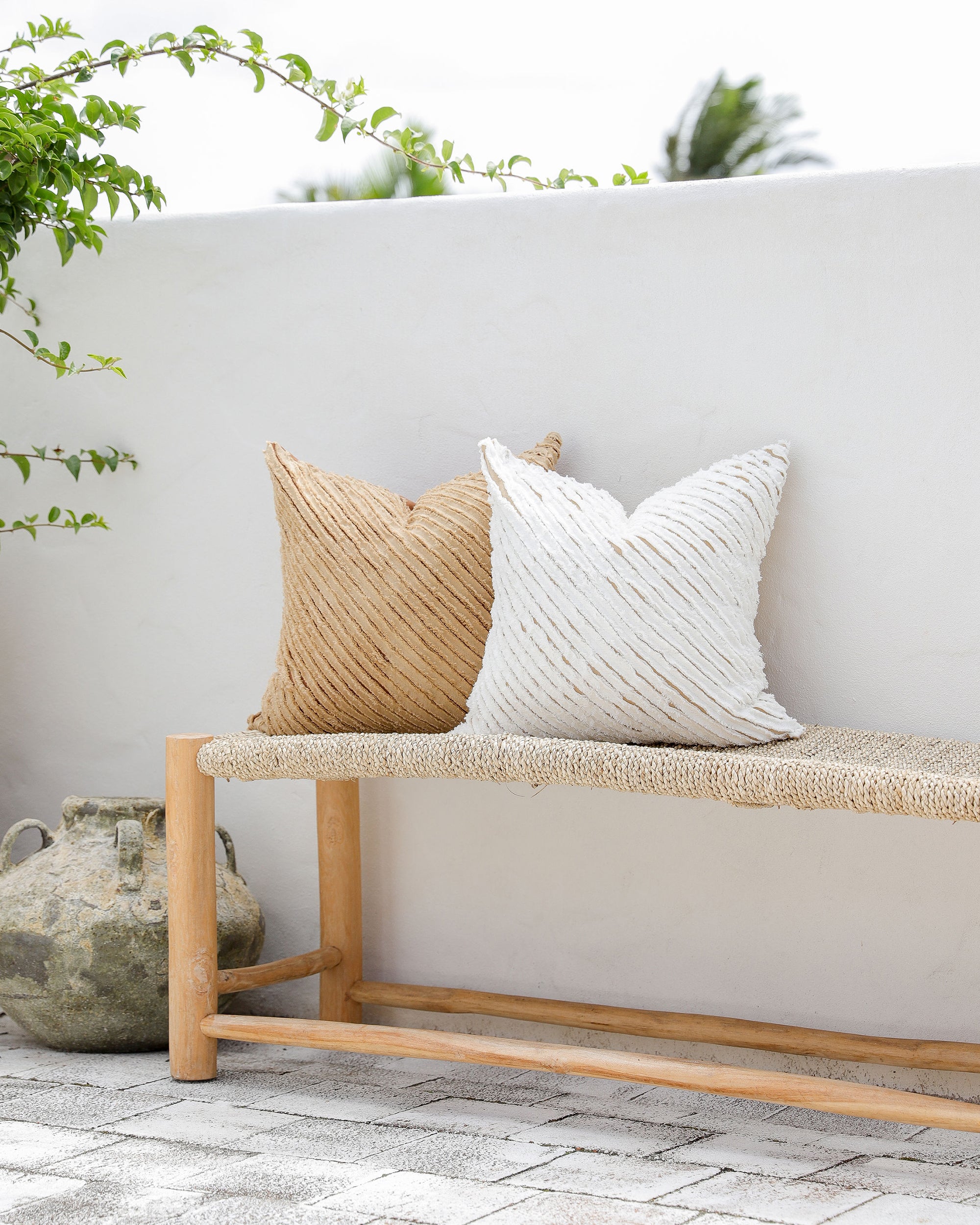 Decorative linen pillow cover with striped fabric in Sandy beige & Cinnamon