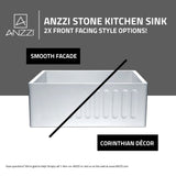 ANZZI Roine Reversible Farmhouse Sink (24" L x 9.06" H), Single Basin, Solid Surface ANZZI Stone, Non-Porous, Easy Clean, Lifetime Warranty