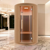 1-2-Person Round Infrared Sauna with Canadian Hemlock Wood, Infrared Heating Panels, Red Light Heater, and Glass Door