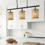 Elysian Three Lights Island With Natural Rattan Shade Farmhouse Chain Ceiling Lamp