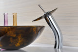 Timbre Series 17 in. Round Bathroom Vessel Sink in Kindled Amber Finish Glass with Matching Chrome Waterfall Faucet