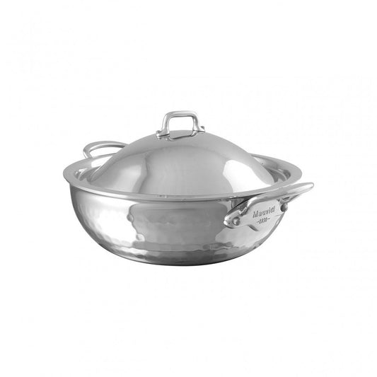 Mauviel M'ELITE Hammered 5-Ply Curved Splayed Saute Pan With Dome Lid, Cast Stainless Steel Handles, 3.8-Qt