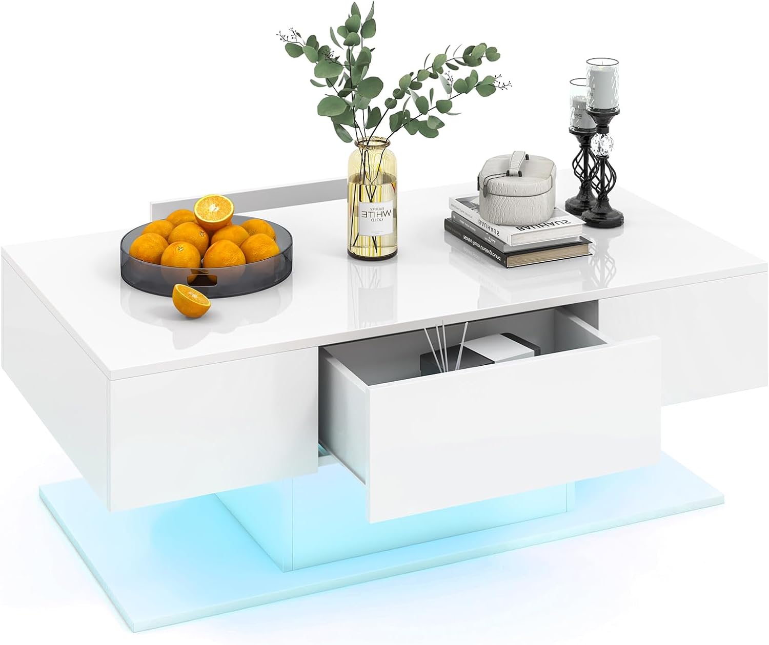 Tangkula LED Coffee Table with 2 Drawers, High Glossy Modern Center Table