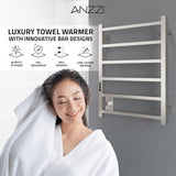 ANZZI Charles Series 6-Bar Wall Mounted Towel Warmer (20.47" W x 26.77" H), Dual Installation, Digital Control Panel, Rhino Alloy Certified Stainless Steel