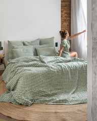 Forest green gingham linen sheet set (4 pcs)