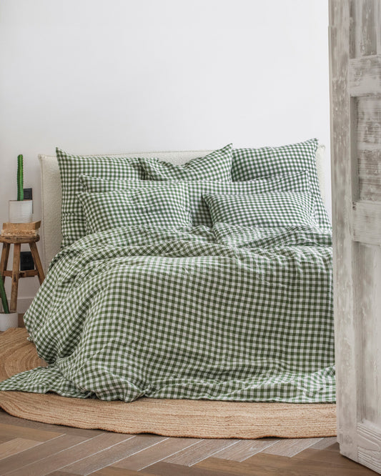 Forest green gingham linen duvet cover