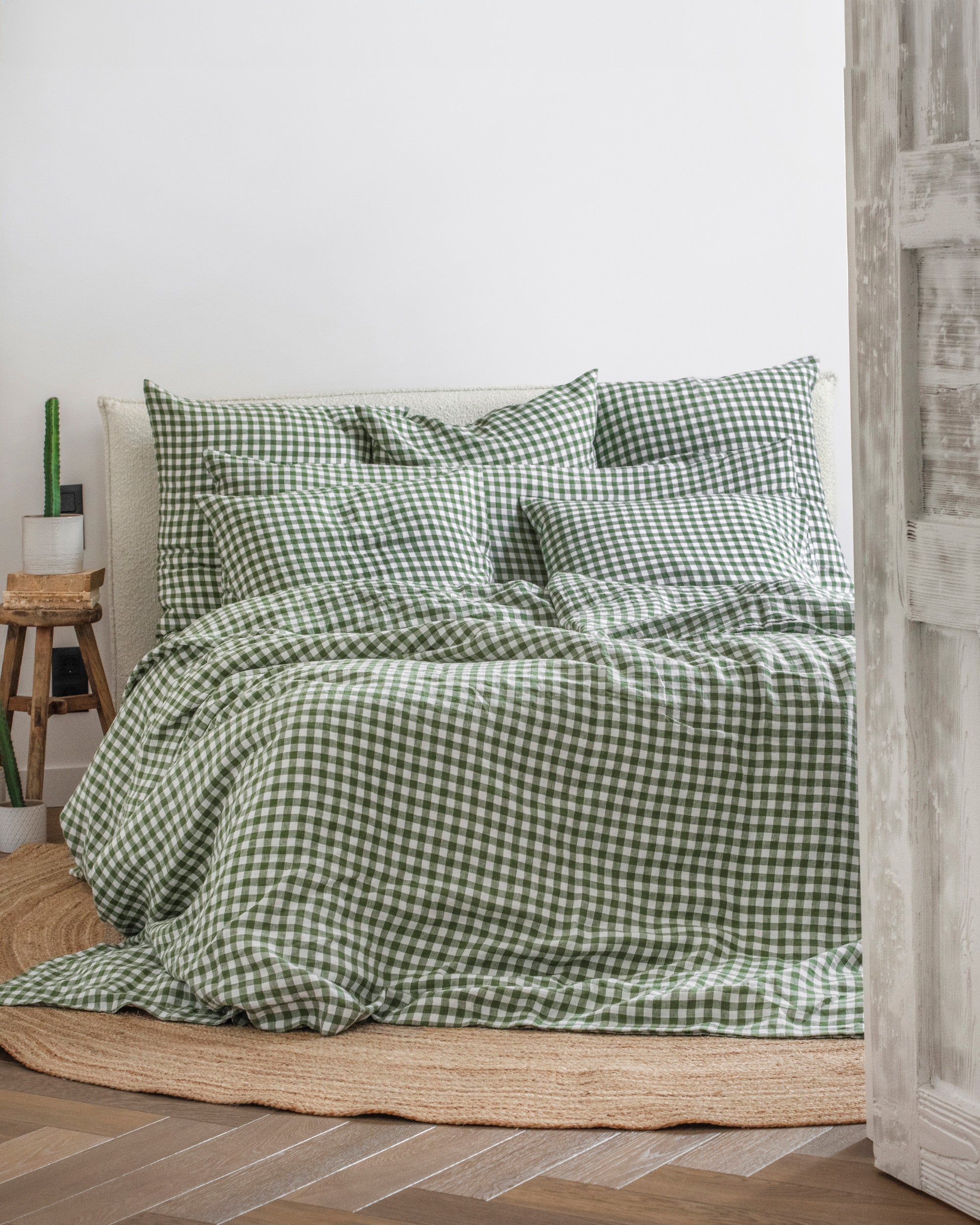 Forest green gingham linen sheet set (4 pcs)