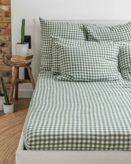 Forest green gingham linen fitted sheet