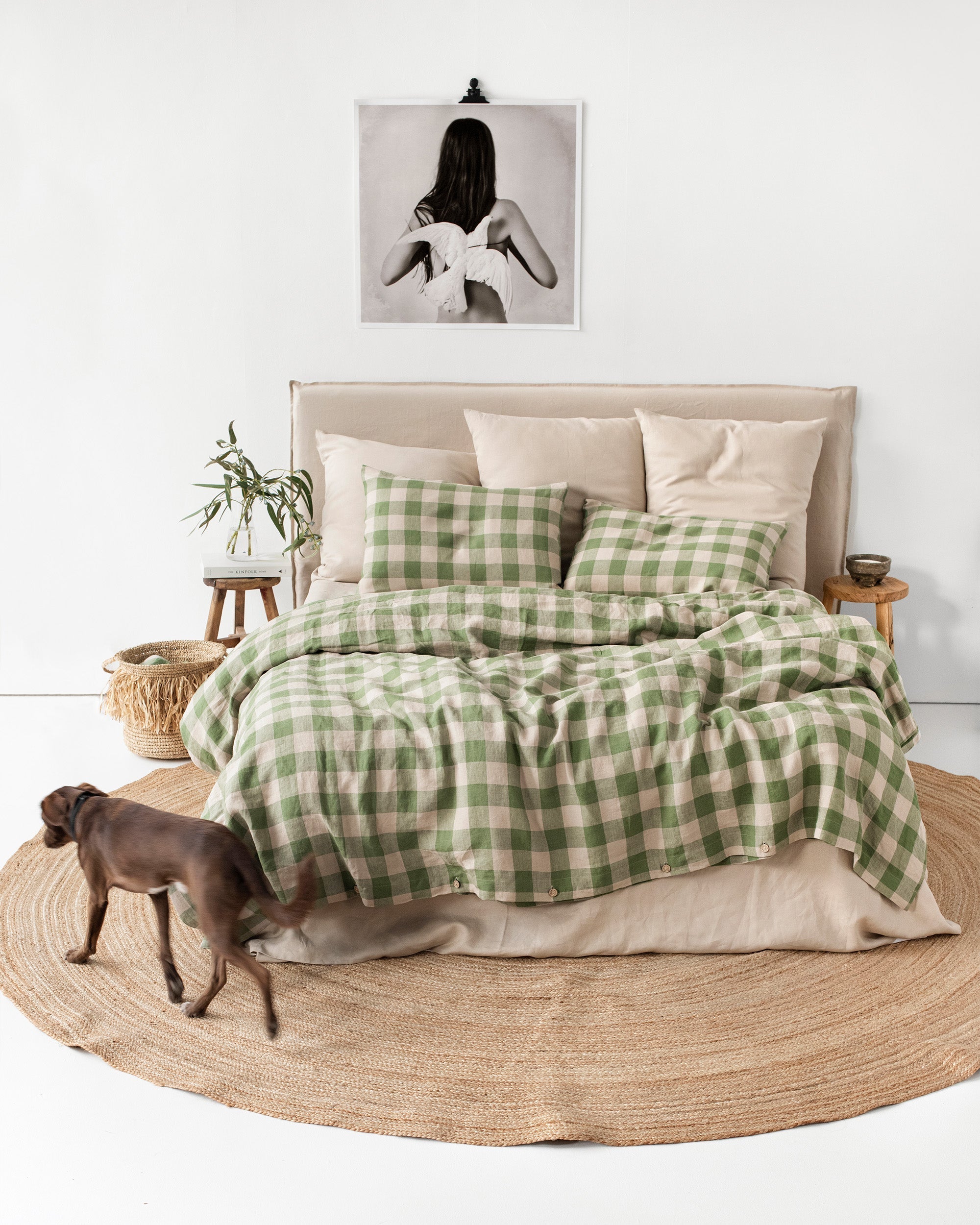 Green gingham linen duvet cover