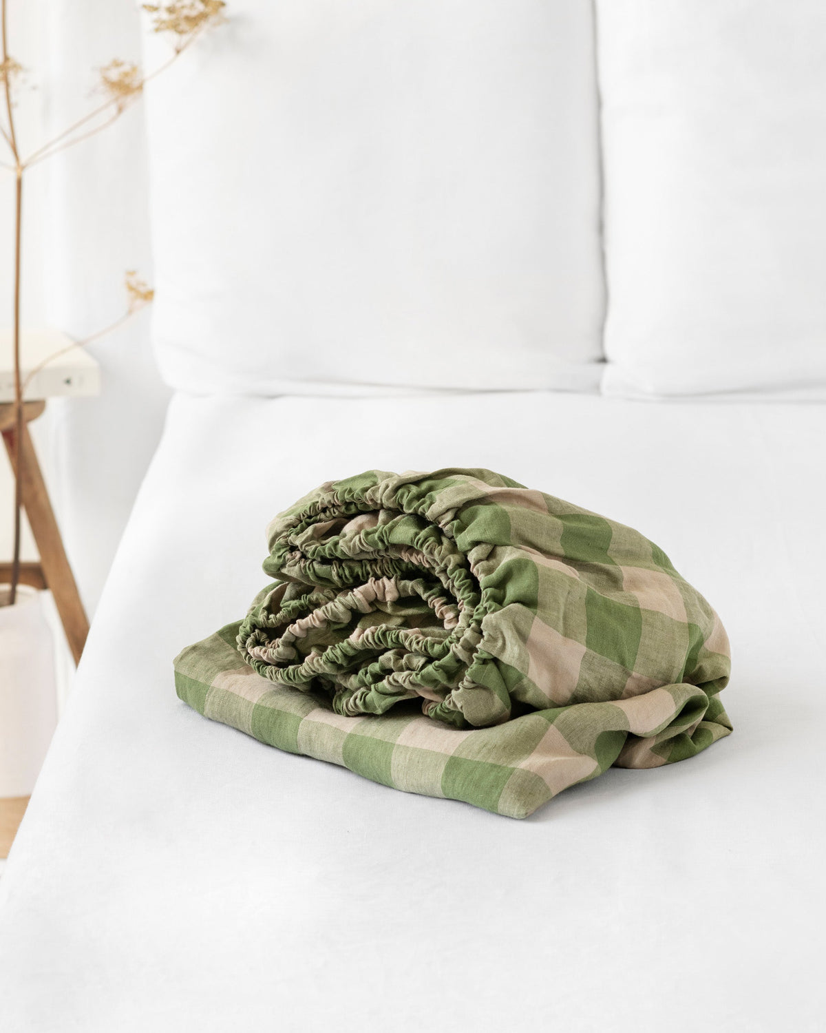 Green gingham linen fitted sheet