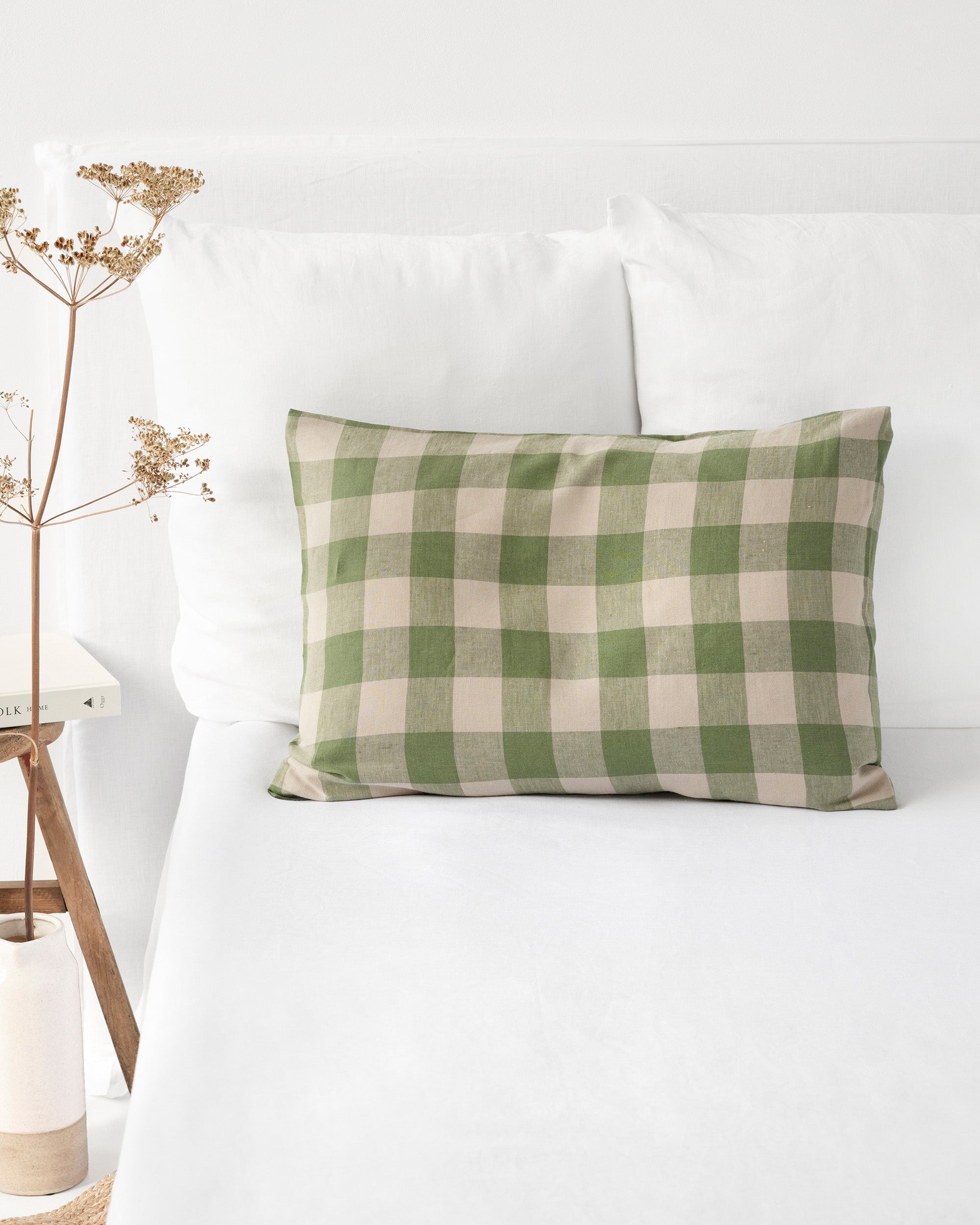 Green gingham linen pillowcase