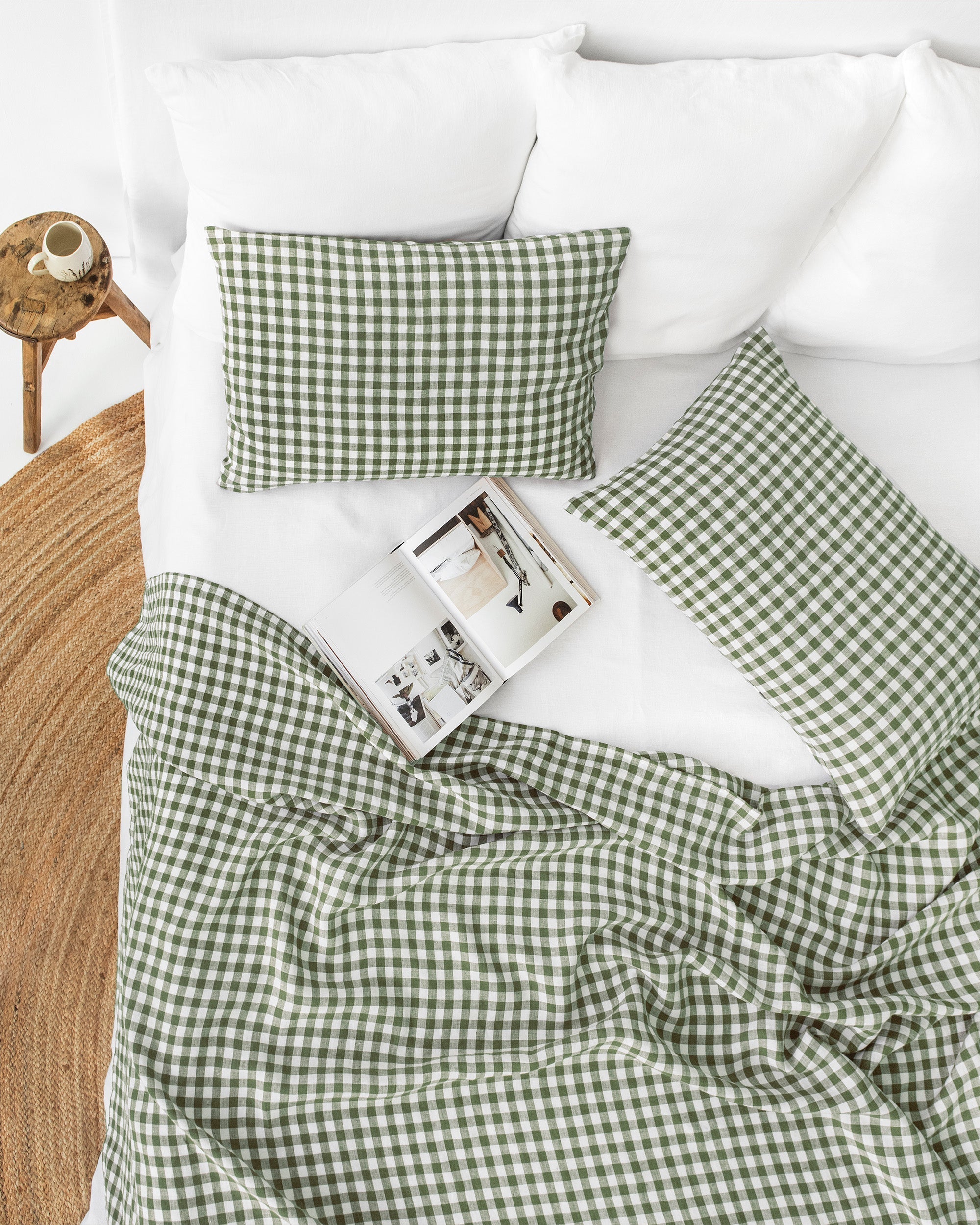 Forest green gingham linen flat sheet