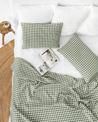 Forest green gingham linen pillowcase