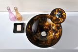 Timbre Series 17 in. Round Bathroom Vessel Sink in Kindled Amber Finish Glass with Matching Chrome Waterfall Faucet