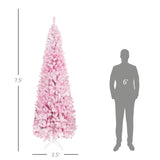 HOMCOM 7.5ft Tall Unlit Snow Flocked Artificial Christmas Tree Slim Pencil Xmas Tree with Pine Shape and Realistic Branches, Pink