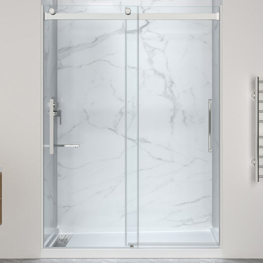 Stellar Series 76 in. x 57-60 in. Sliding Frameless Shower Door with Alcove Shower Base - Multiple Finishes