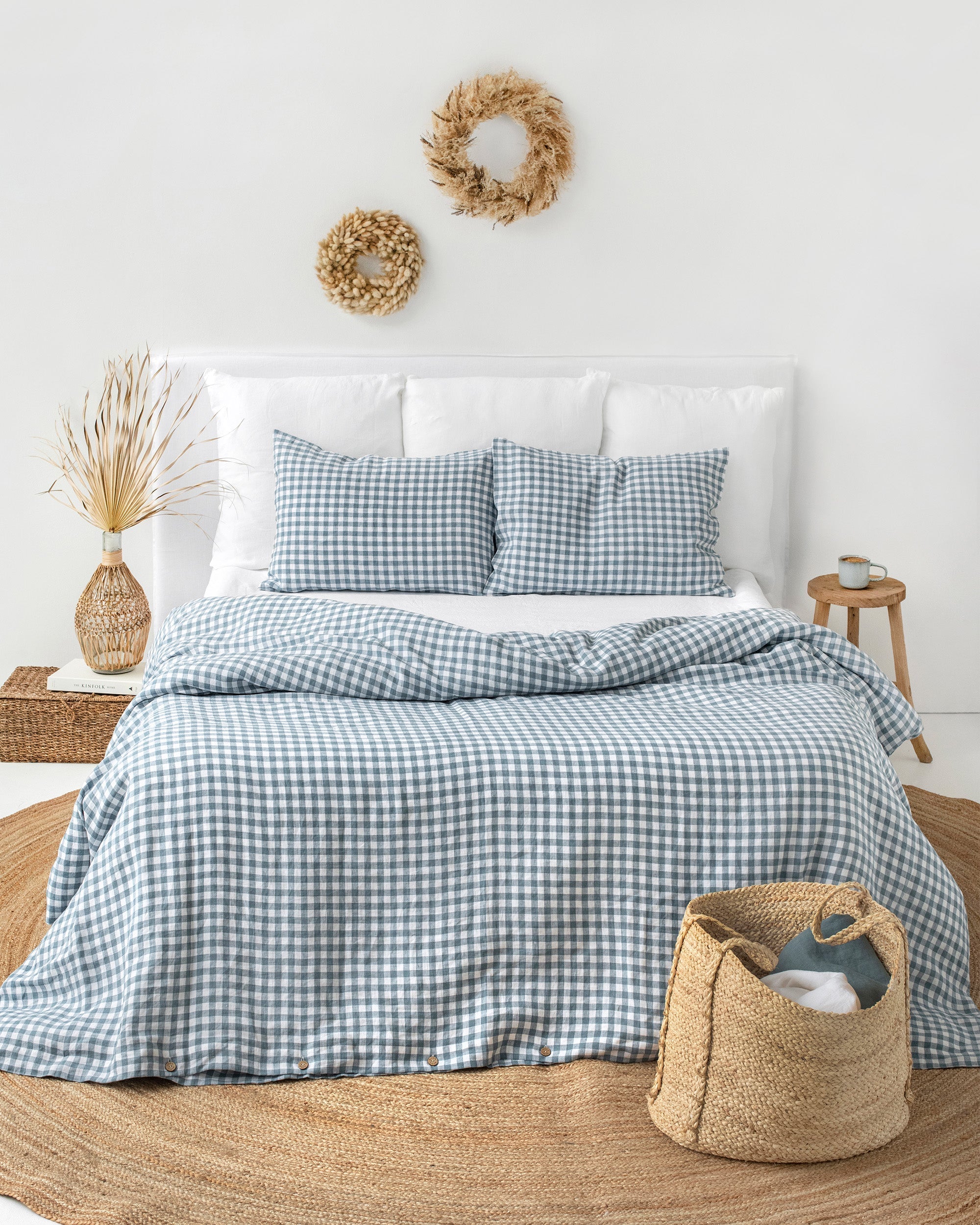 Gray blue gingham linen duvet cover set (3 pcs)