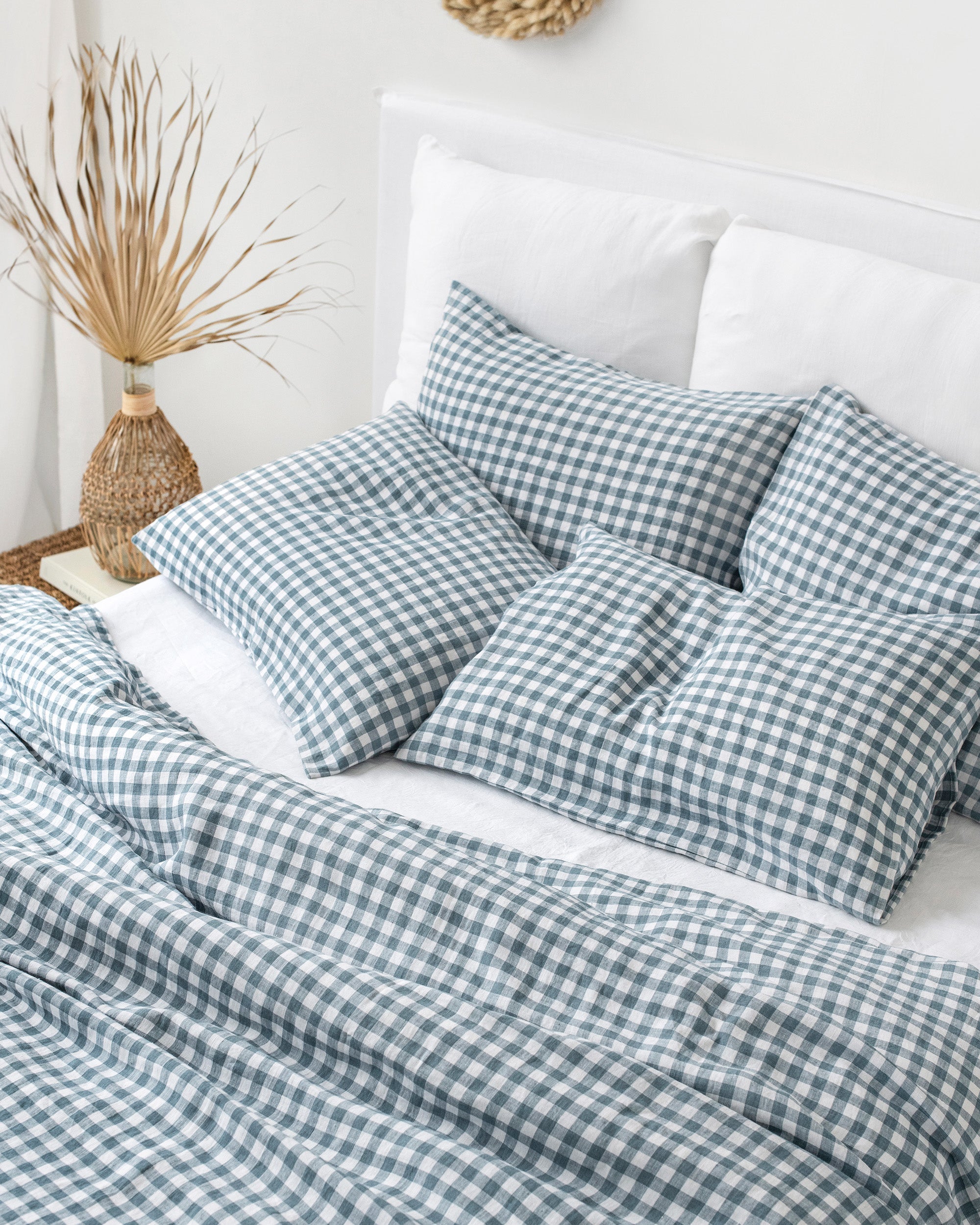 Gray blue gingham linen duvet cover set (3 pcs)