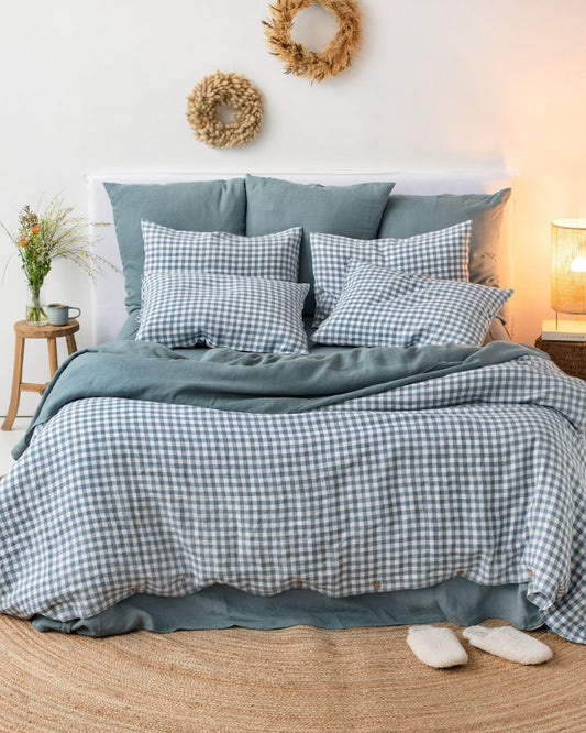 Gray blue gingham linen duvet cover set (3 pcs)