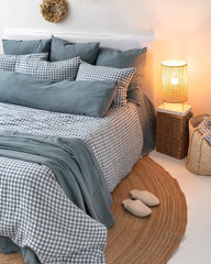 Gray blue gingham linen duvet cover set (3 pcs)