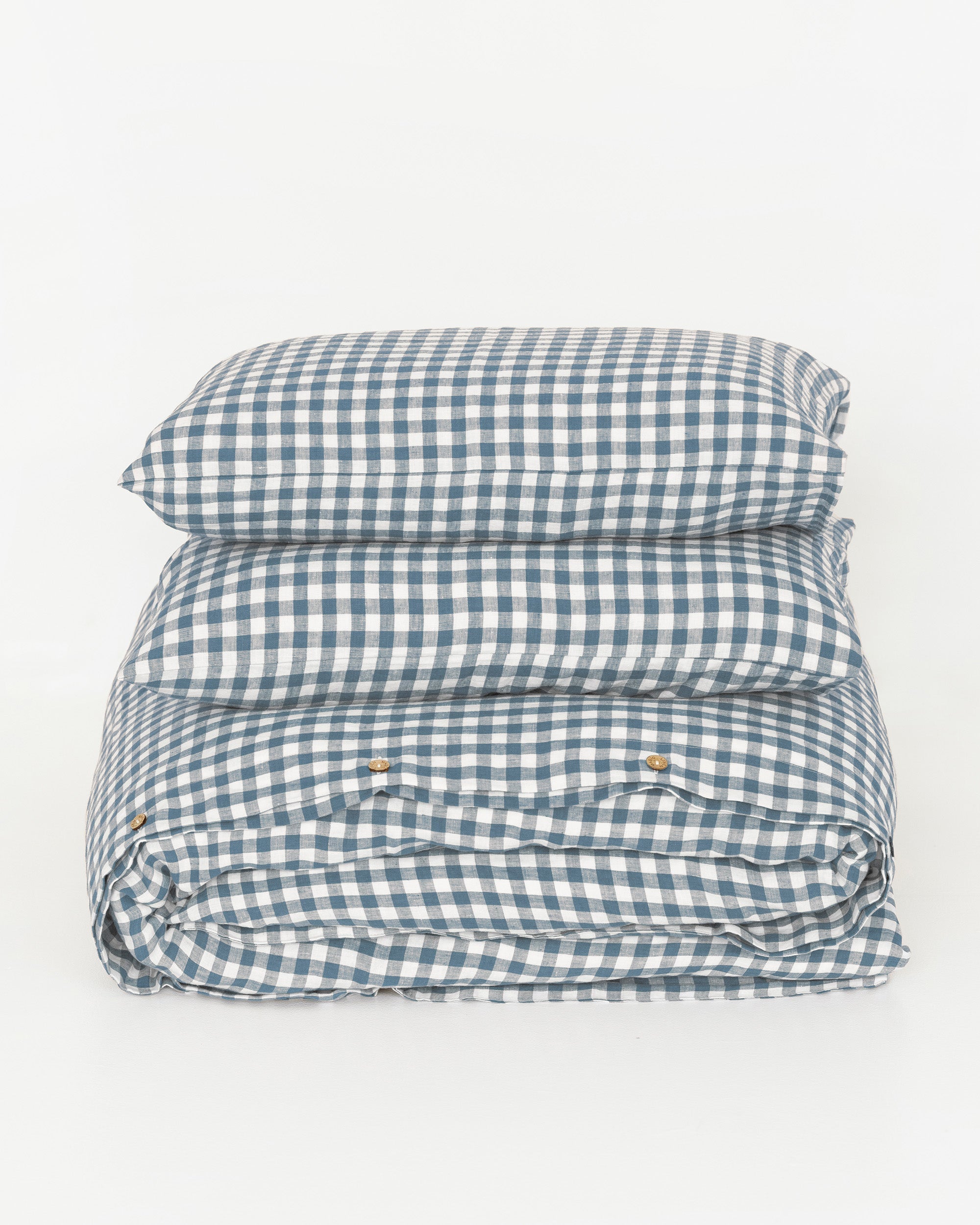 Gray blue gingham linen duvet cover set (3 pcs)