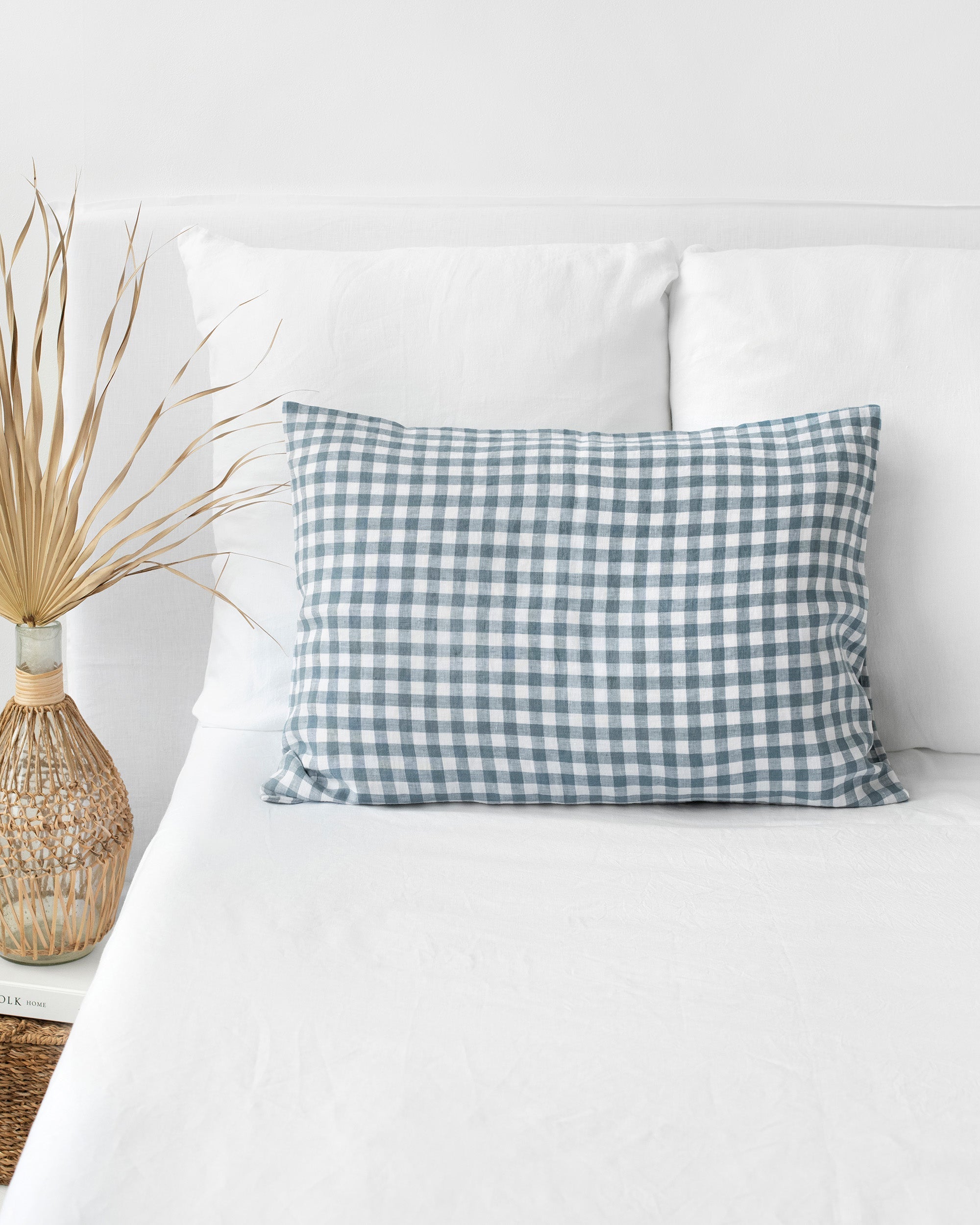 Gray blue gingham linen pillowcase