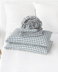 Gray blue gingham linen sheet set (4 pcs)