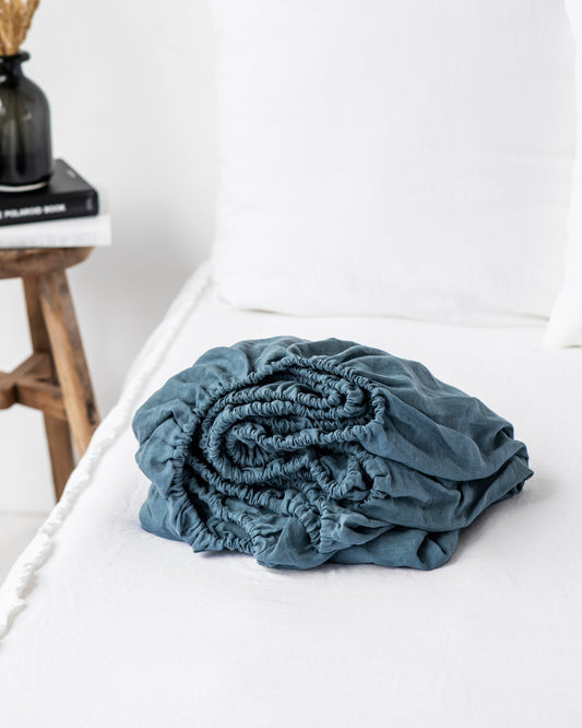 Gray blue linen fitted sheet