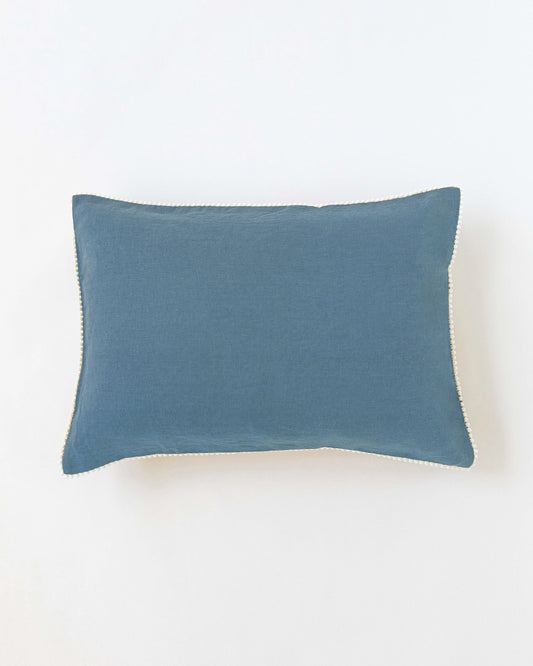 Pom pom trim linen pillowcase in Gray blue