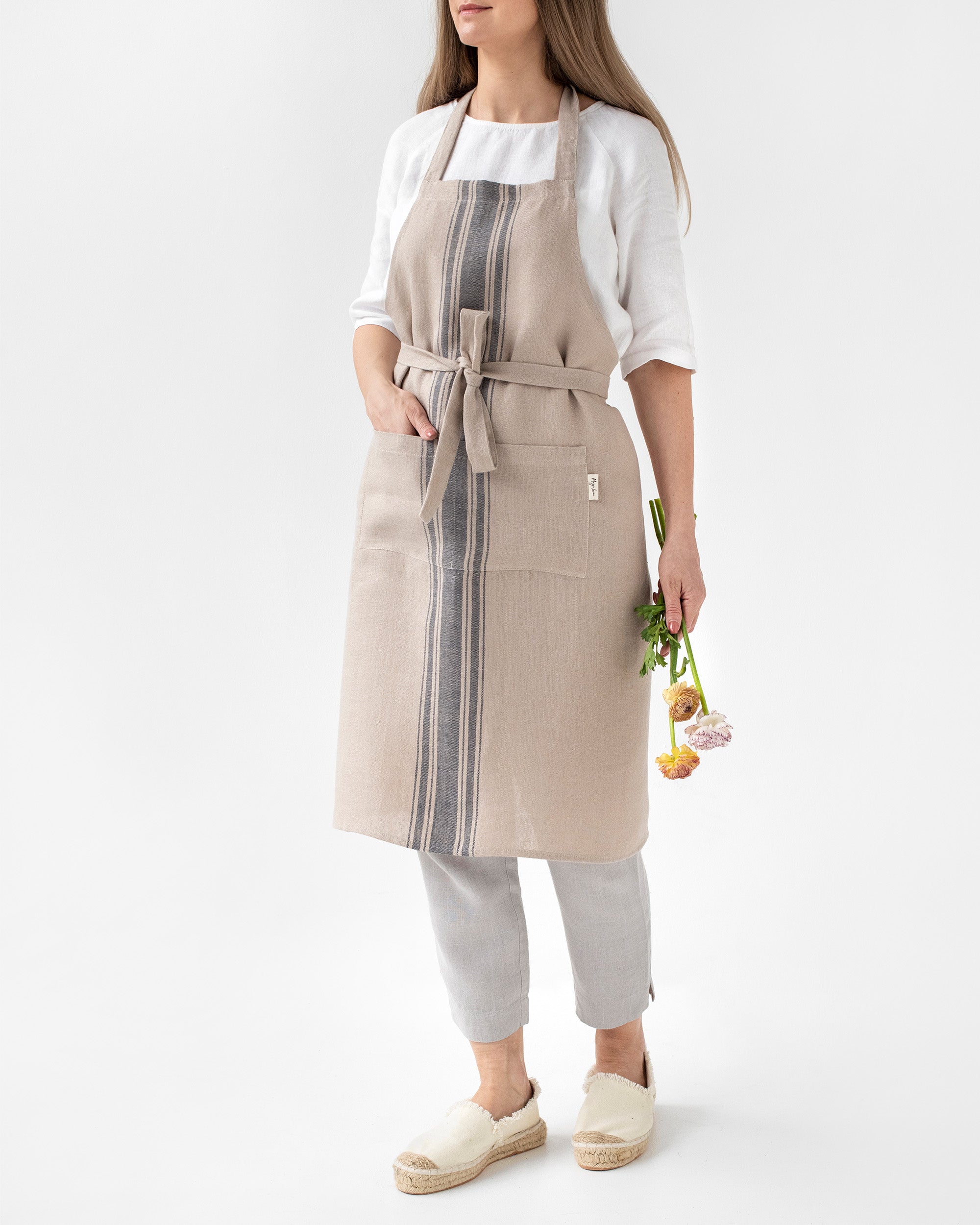 Linen bib apron in traditional gray stripes