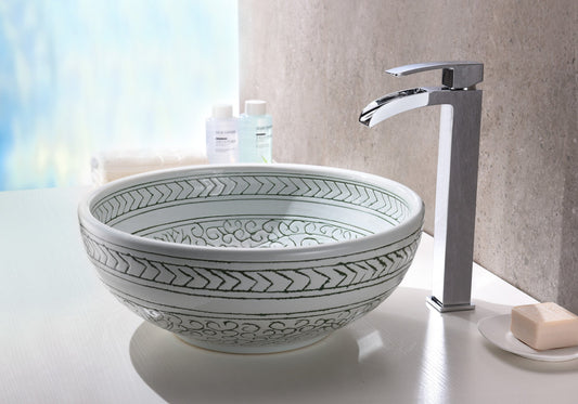 Cadence Series 16 in. Round Bathroom Vessel Sink with Stain-Resistant Non-Porous Surface in Decor White Finish Glass