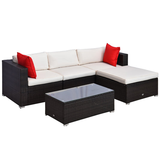 Outsunny 5-Piece Deluxe Rattan Outdoor Patio Furniture Set, Sectional Wicker Couch with Coffee Table - Cream White