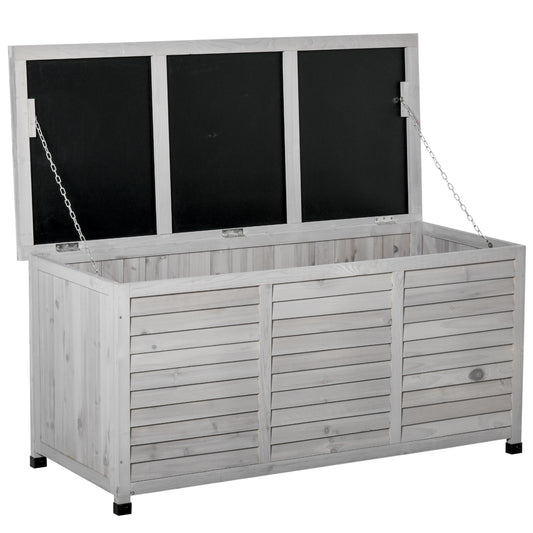 Outsunny 75 Gallon Deck Storage Box Wooden Outdoor Furniture Aerating Gap Weather-Resistant Gray
