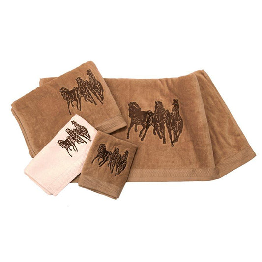 3PC 3-Horse Embroidered Towel Set, Mocha