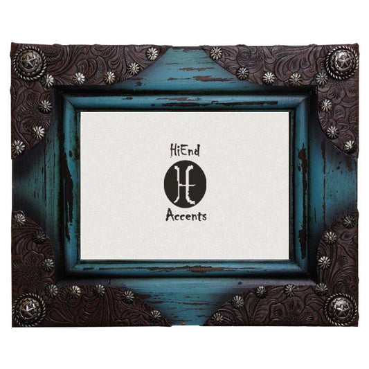 Painted Distressed Wood w/ Leather Corners Picture Frame