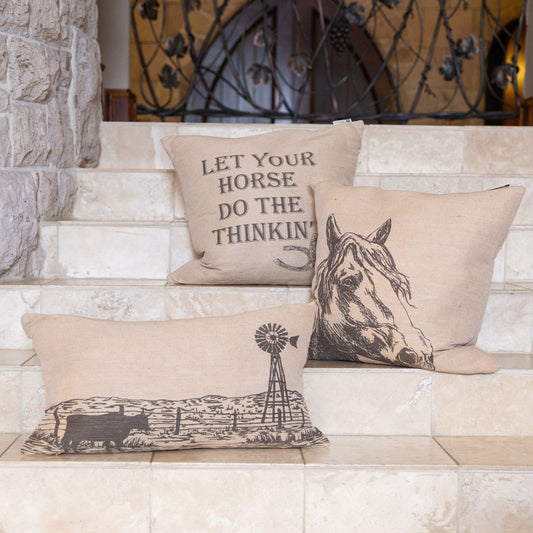 Burlap Horse Phrase Throw Pillow
