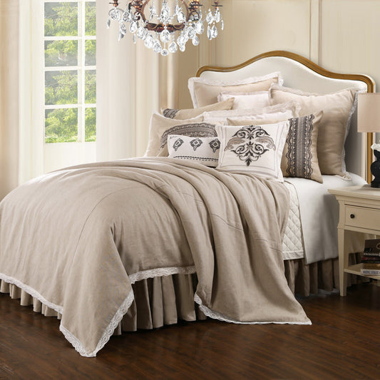Charlotte Tan Burlap Off-White Lace Trim Square Pillow