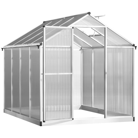Outsunny 8' L x 6' W Walk-In Polycarbonate Greenhouse with Roof Vent for Ventilation & Rain Gutter, Hobby Greenhouse for Winter