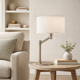 Horizon Brushed Nickel Table Lamp with On/Off Switch Curved Metal Base Linen Shade