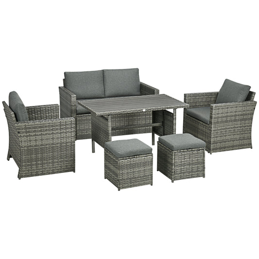 Outsunny 6 Pieces Patio Dining Set, PE Rattan Furniture Set with 2 Chairs Cushions & Outdoor Loveseat Sofa, Woodgrain Slatted Dinner Table, Mixed Gray