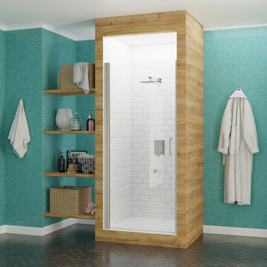 Lancer Series 23 in. x 72 in. H Hinged Frameless Shower Door with Tsunami Guard Tempered Glass
