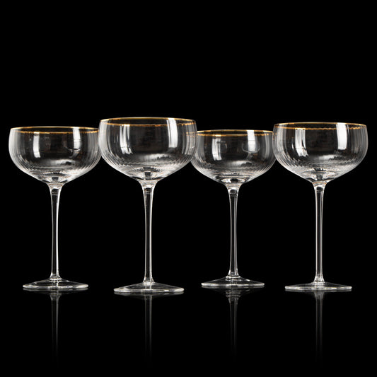 Gold Rim Glasses 7 oz, Set of 4 Gold Rim Classic Manhattan Glasses (Ribbed)