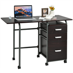 Tangkula Folding Computer Desk with 3 Storage Drawers, Mobile Home Office Desk Study Writing Desk