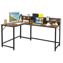 Tangkula 66.5 Inches L-Shaped Desk, Space Saving Corner Computer Desk with Hutch