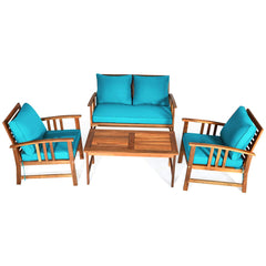 Tangkula 4 PCS Acacia Wood Patio Furniture Set, Outdoor Seating Chat Set with Gray Cushions & Back Pillow